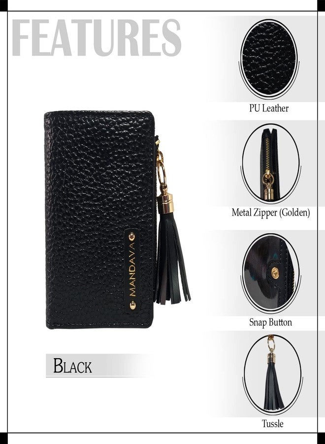 MANDAVA Women's Small Bifold PU Leather Wallet with Tussle | Ladies Slim Compact Card Holder Organizer Coin Purse (Black) - Image 3